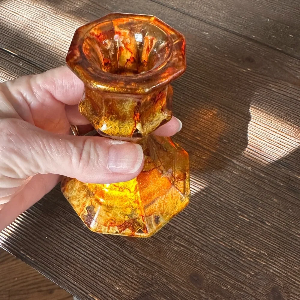 Hand crafted Amber hand painted Glass Candle Holder